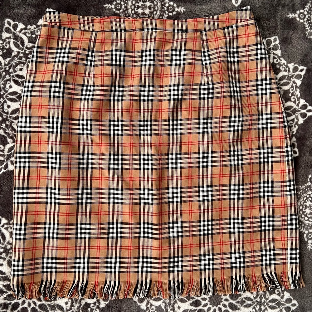Lined Plaid Pencil Skirt with Fringe